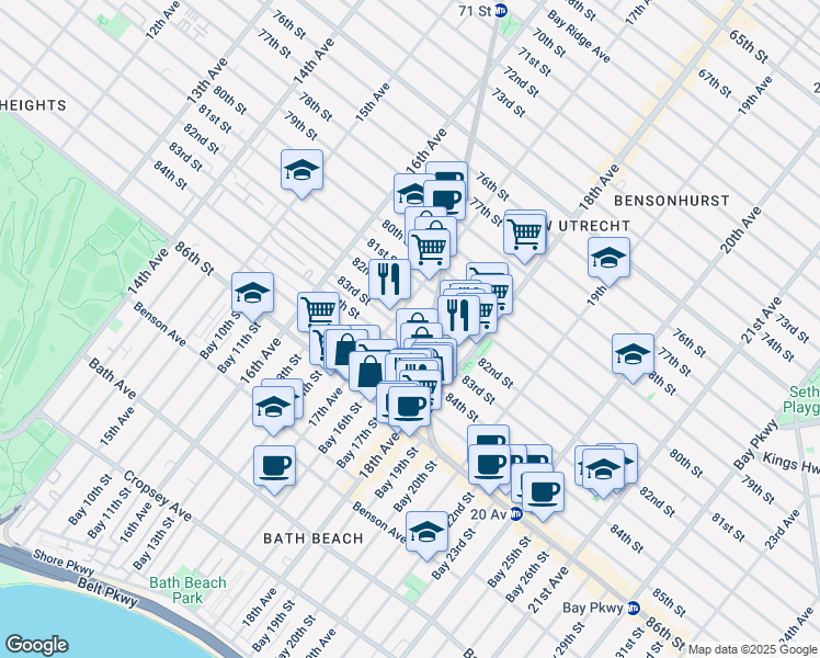 map of restaurants, bars, coffee shops, grocery stores, and more near 1735 84th Street in Brooklyn