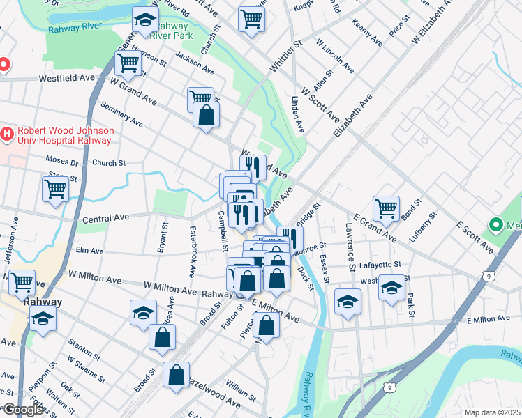 map of restaurants, bars, coffee shops, grocery stores, and more near 79 West Main Street in Rahway