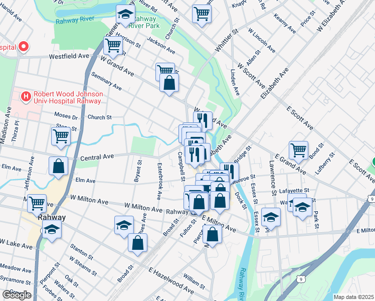 map of restaurants, bars, coffee shops, grocery stores, and more near 1552 Irving Street in Rahway