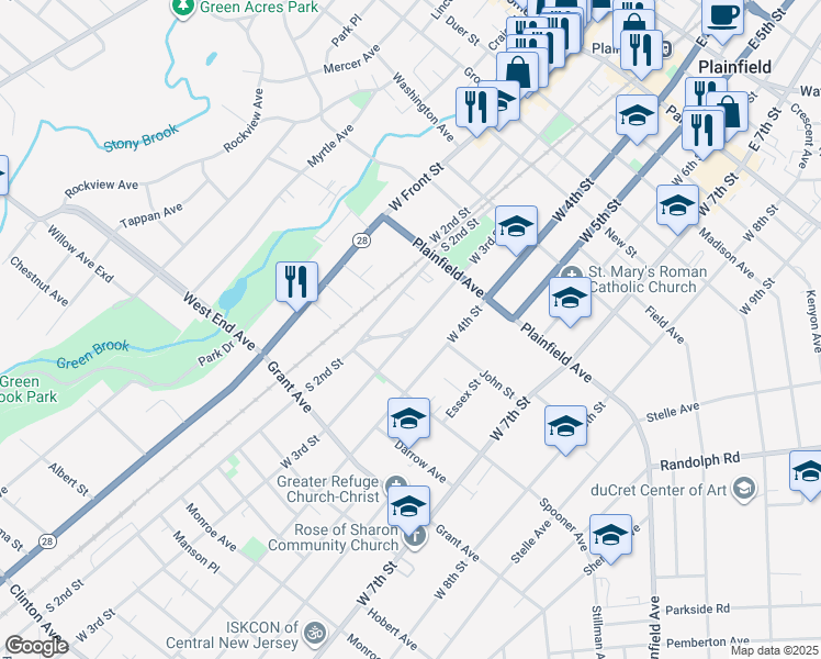 map of restaurants, bars, coffee shops, grocery stores, and more near 647 West 3rd Street in Plainfield