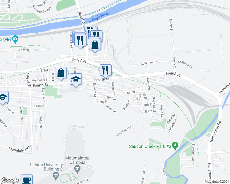 map of restaurants, bars, coffee shops, grocery stores, and more near 618 William Street in Bethlehem