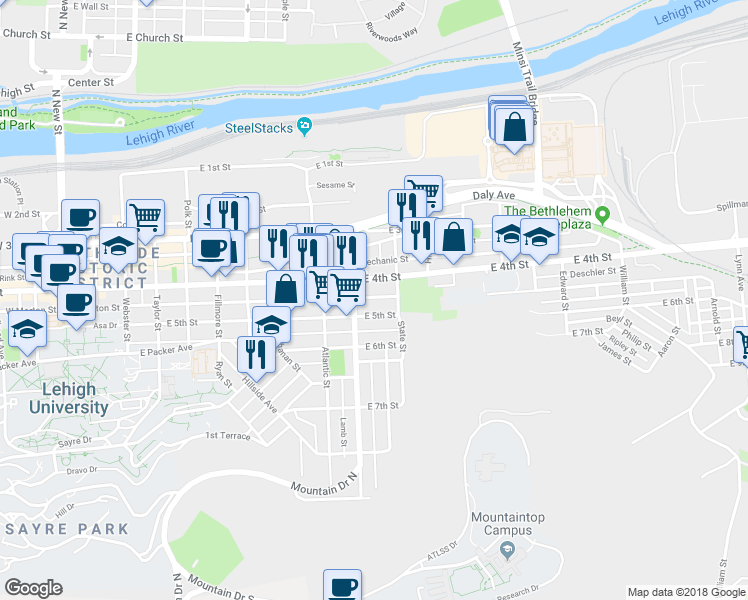 map of restaurants, bars, coffee shops, grocery stores, and more near 938 East 5th Street in Bethlehem
