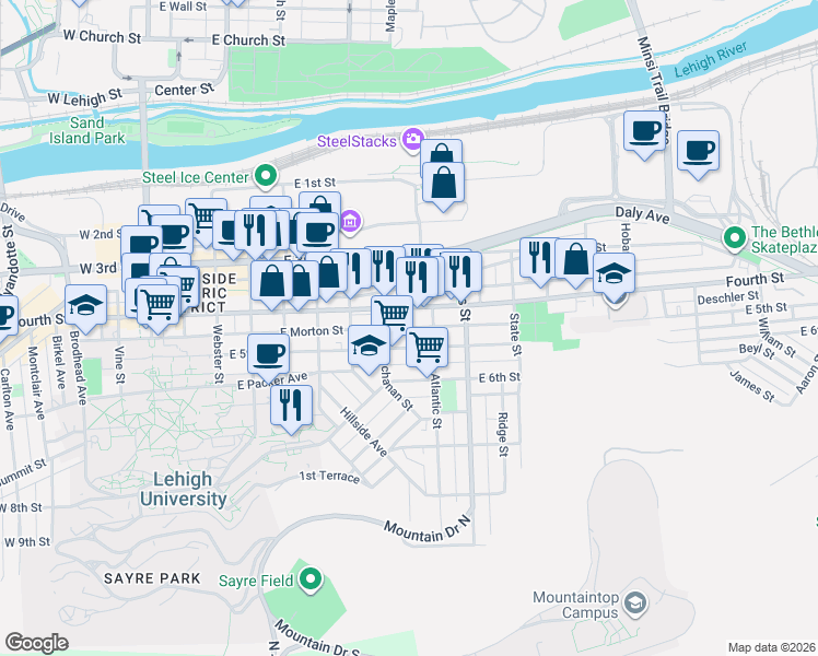 map of restaurants, bars, coffee shops, grocery stores, and more near 704 East 5th Street in Bethlehem