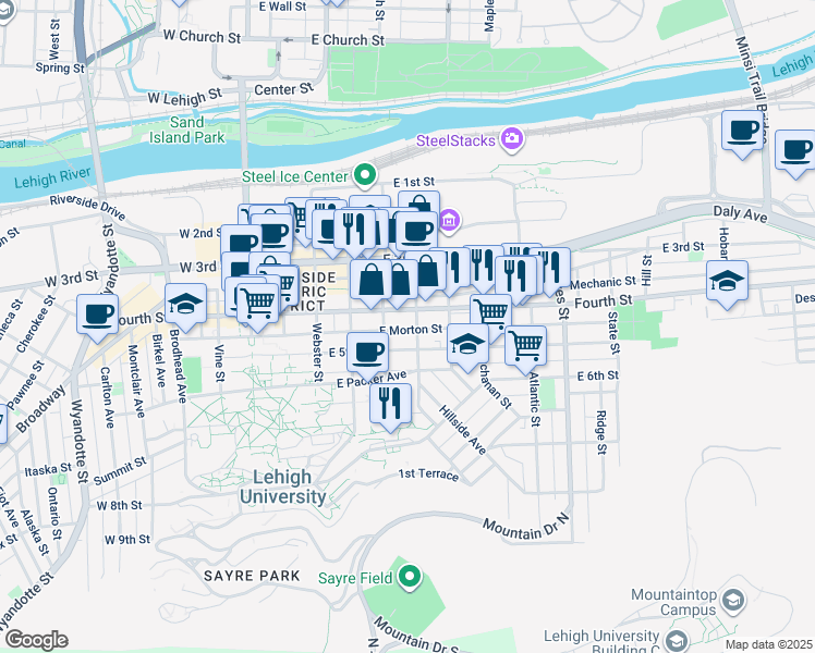 map of restaurants, bars, coffee shops, grocery stores, and more near 423 East Morton Street in Bethlehem