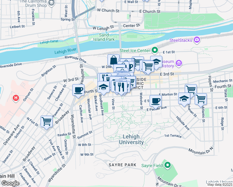 map of restaurants, bars, coffee shops, grocery stores, and more near 19 West Morton Street in Bethlehem
