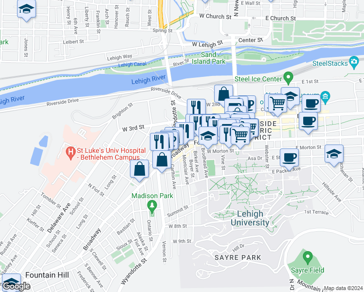 map of restaurants, bars, coffee shops, grocery stores, and more near in Bethlehem
