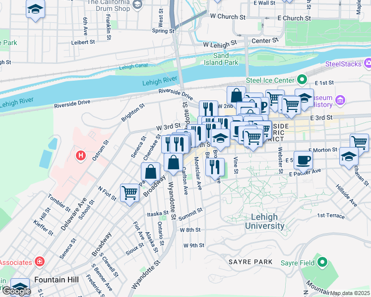 map of restaurants, bars, coffee shops, grocery stores, and more near in Bethlehem