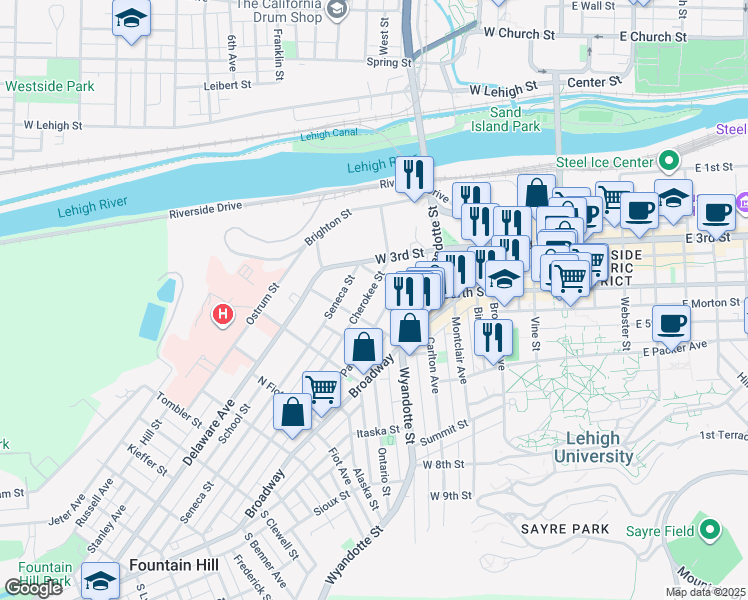 map of restaurants, bars, coffee shops, grocery stores, and more near 614 Dakotah Street in Bethlehem