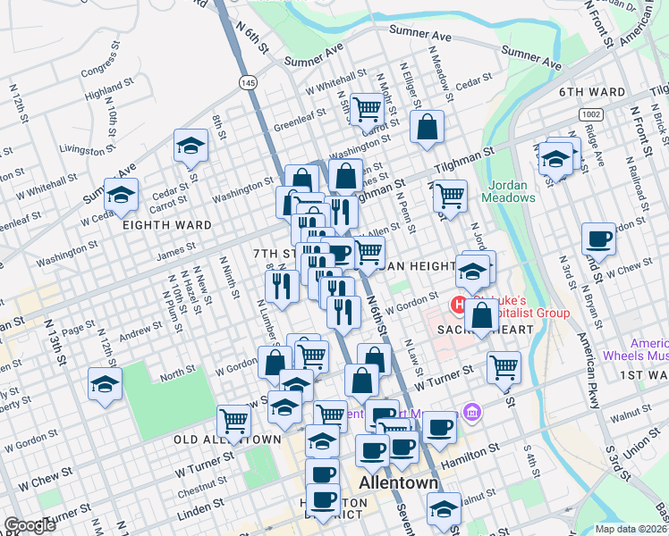 map of restaurants, bars, coffee shops, grocery stores, and more near 507 Park Street in Allentown