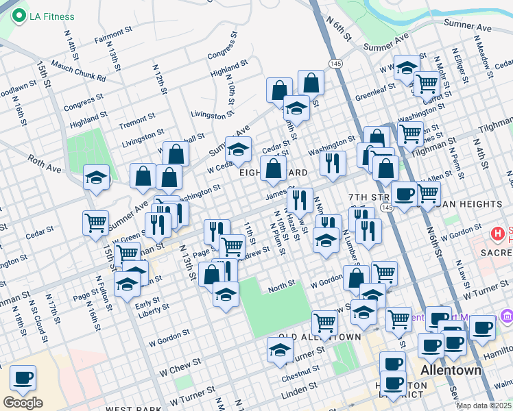 map of restaurants, bars, coffee shops, grocery stores, and more near 639 North Howard Street in Allentown