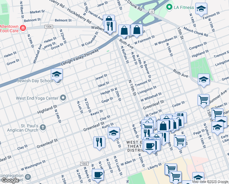 map of restaurants, bars, coffee shops, grocery stores, and more near 1001 North 20th Street in Allentown