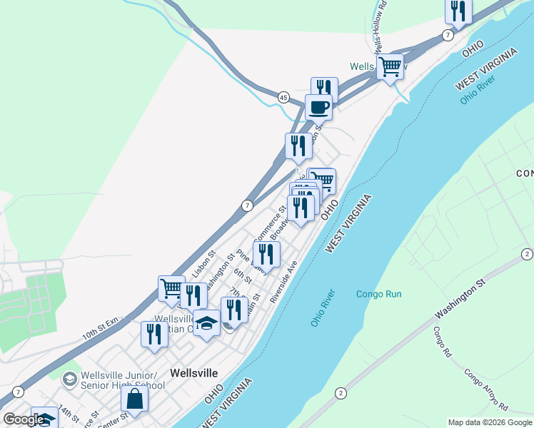 map of restaurants, bars, coffee shops, grocery stores, and more near 421 Commerce Street in Wellsville