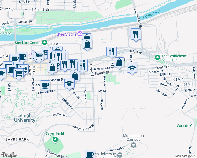 map of restaurants, bars, coffee shops, grocery stores, and more near 924 East Morton Street in Bethlehem