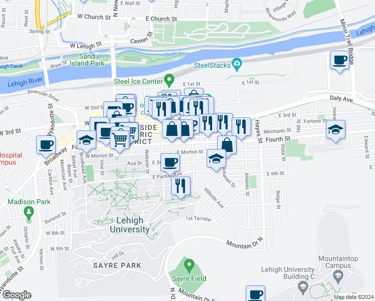 map of restaurants, bars, coffee shops, grocery stores, and more near 421 E Morton St in Bethlehem