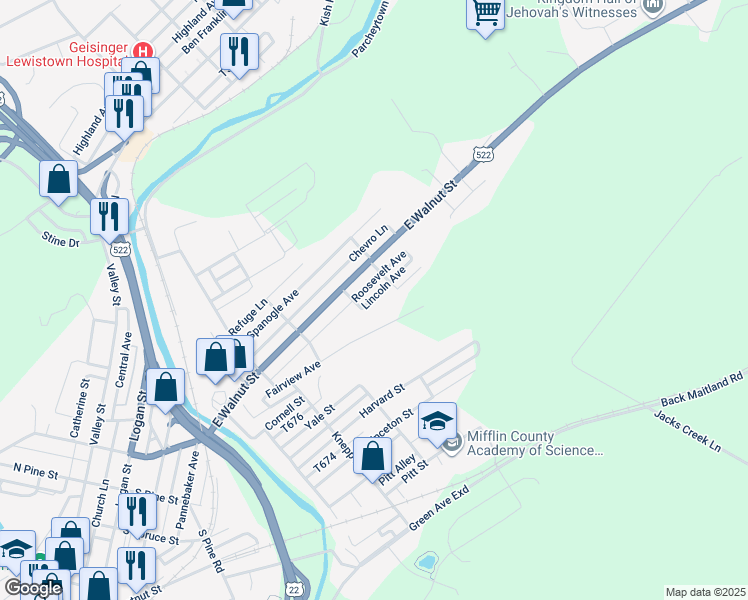 map of restaurants, bars, coffee shops, grocery stores, and more near 710 Lincoln Avenue in Lewistown