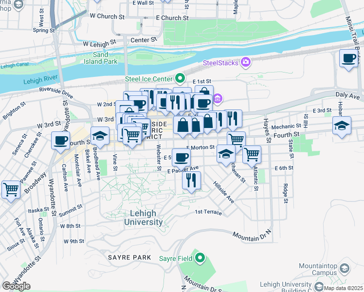 map of restaurants, bars, coffee shops, grocery stores, and more near 317 East Morton Street in Bethlehem