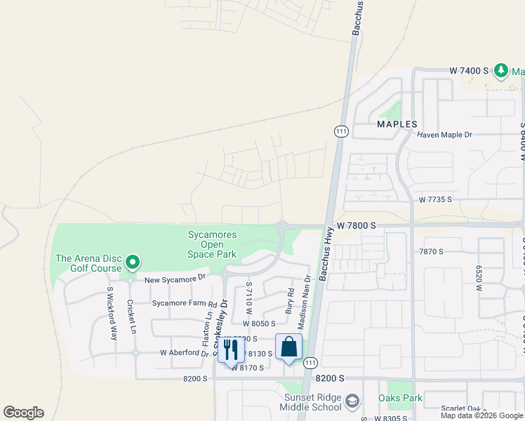 map of restaurants, bars, coffee shops, grocery stores, and more near 7077 Owens View Way in West Jordan