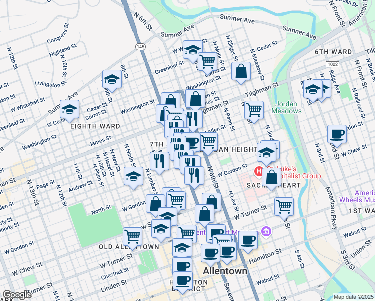 map of restaurants, bars, coffee shops, grocery stores, and more near 507 Park Street in Allentown
