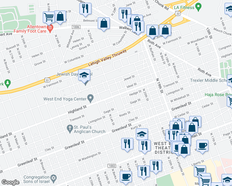 map of restaurants, bars, coffee shops, grocery stores, and more near 2135 West Highland Street in Allentown