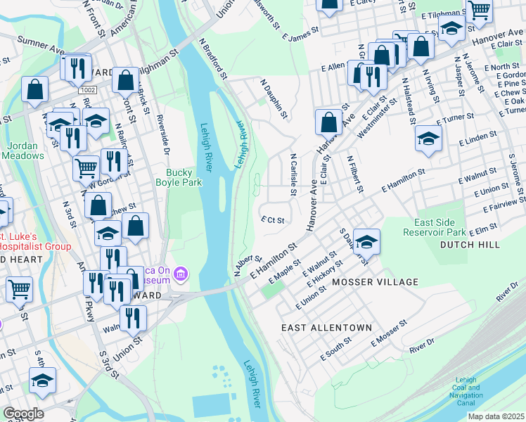 map of restaurants, bars, coffee shops, grocery stores, and more near 164 East Edison Street in Allentown