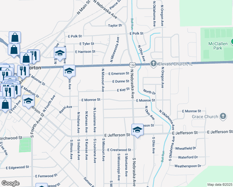map of restaurants, bars, coffee shops, grocery stores, and more near 941 East Monroe Street in Morton