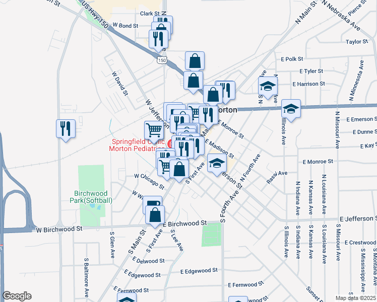 map of restaurants, bars, coffee shops, grocery stores, and more near 213 South Main Street in Morton