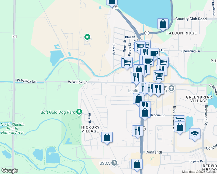 map of restaurants, bars, coffee shops, grocery stores, and more near 321 Urban Prairie Street in Fort Collins