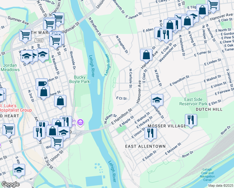 map of restaurants, bars, coffee shops, grocery stores, and more near 164 East Edison Street in Allentown