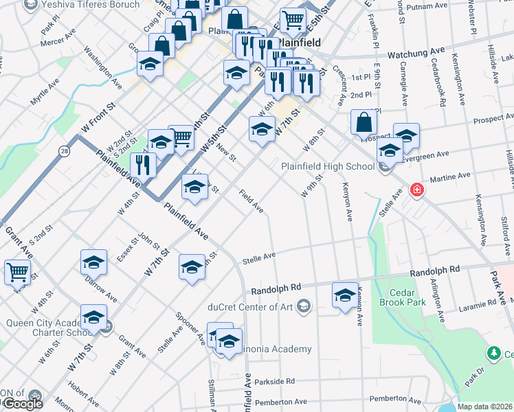 map of restaurants, bars, coffee shops, grocery stores, and more near 452 West 8th Street in Plainfield