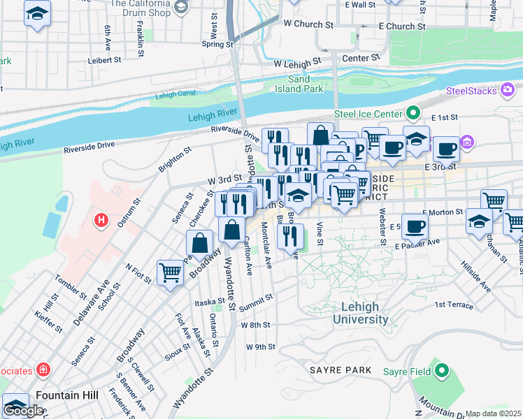 map of restaurants, bars, coffee shops, grocery stores, and more near 301 Broadway in Bethlehem