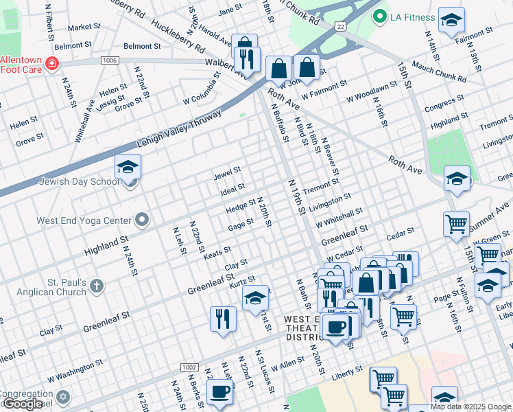 map of restaurants, bars, coffee shops, grocery stores, and more near 1034 North 20th Street in Allentown