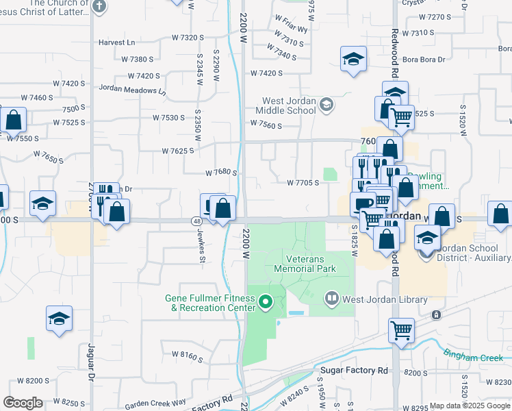 map of restaurants, bars, coffee shops, grocery stores, and more near 2147 Westfield Circle in West Jordan
