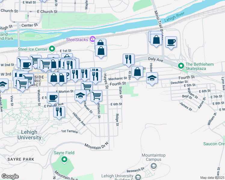 map of restaurants, bars, coffee shops, grocery stores, and more near 920 East Morton Street in Bethlehem