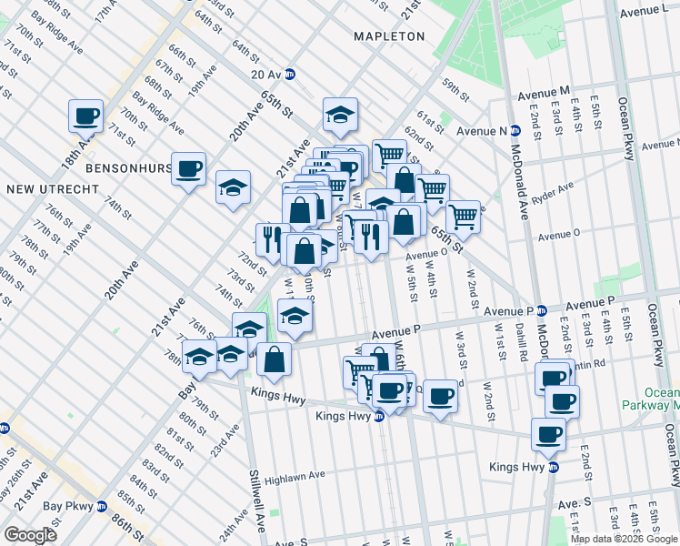 map of restaurants, bars, coffee shops, grocery stores, and more near 72 Avenue O in Brooklyn