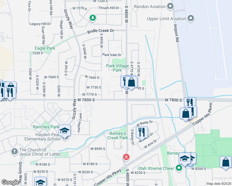 map of restaurants, bars, coffee shops, grocery stores, and more near 7763 4880 West in West Jordan