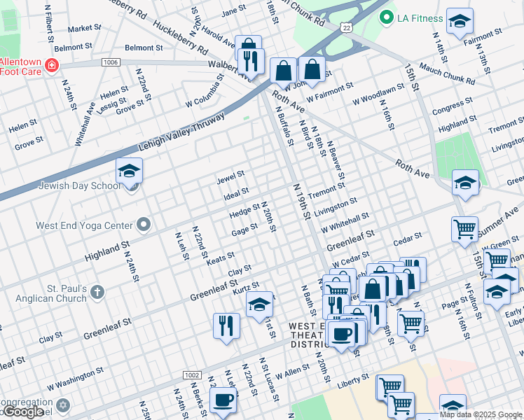 map of restaurants, bars, coffee shops, grocery stores, and more near 1034 North 20th Street in Allentown