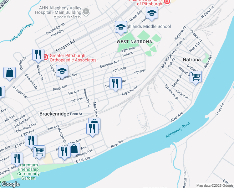 map of restaurants, bars, coffee shops, grocery stores, and more near 1259 Argonne Drive in Natrona Heights