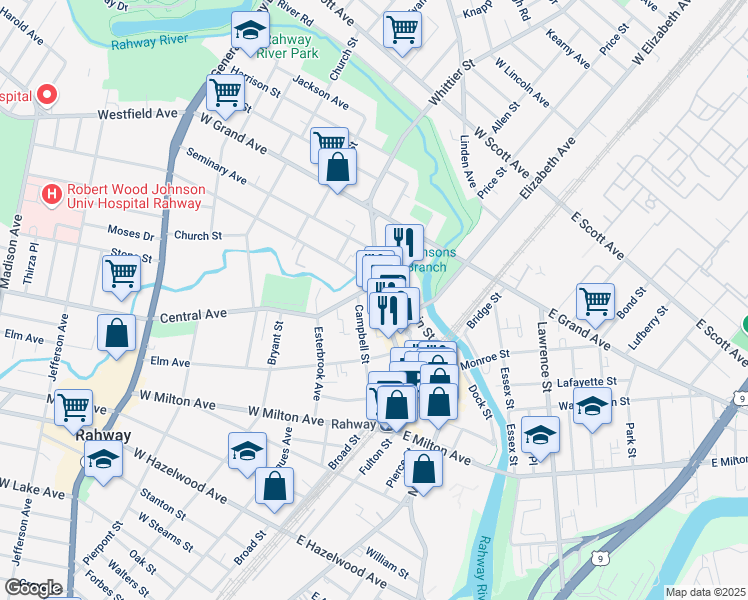 map of restaurants, bars, coffee shops, grocery stores, and more near 1582 Irving Street in Rahway