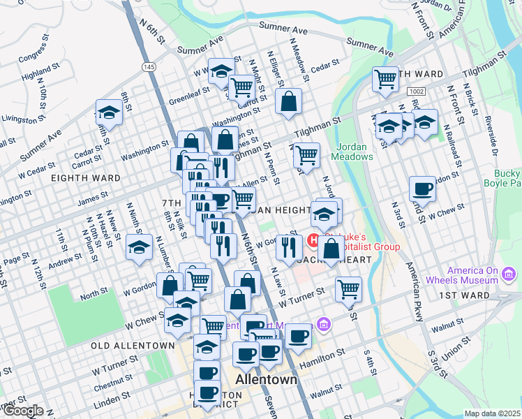 map of restaurants, bars, coffee shops, grocery stores, and more near 513 Liberty Street in Allentown