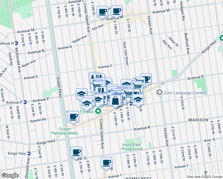 map of restaurants, bars, coffee shops, grocery stores, and more near Avenue P & E 13th St in Brooklyn