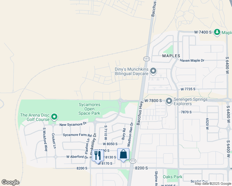 map of restaurants, bars, coffee shops, grocery stores, and more near 7051 Owens View Way in West Jordan