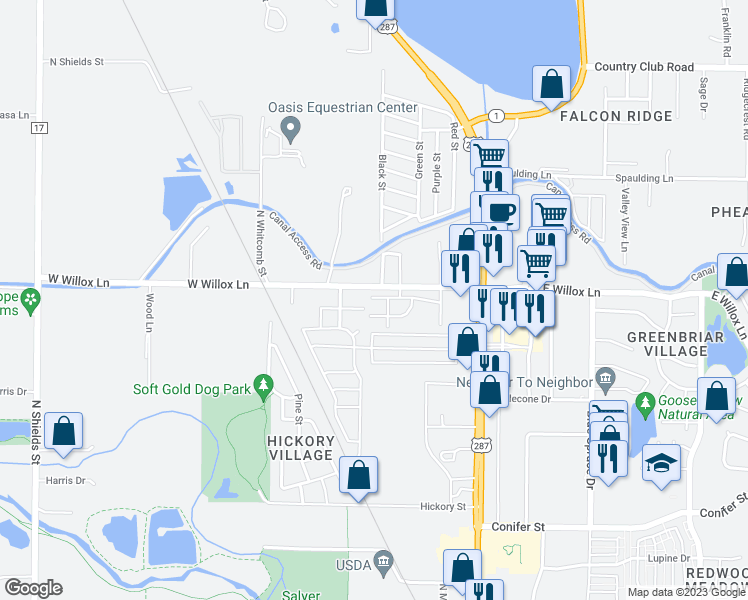 map of restaurants, bars, coffee shops, grocery stores, and more near 321 Urban Prairie Street in Fort Collins