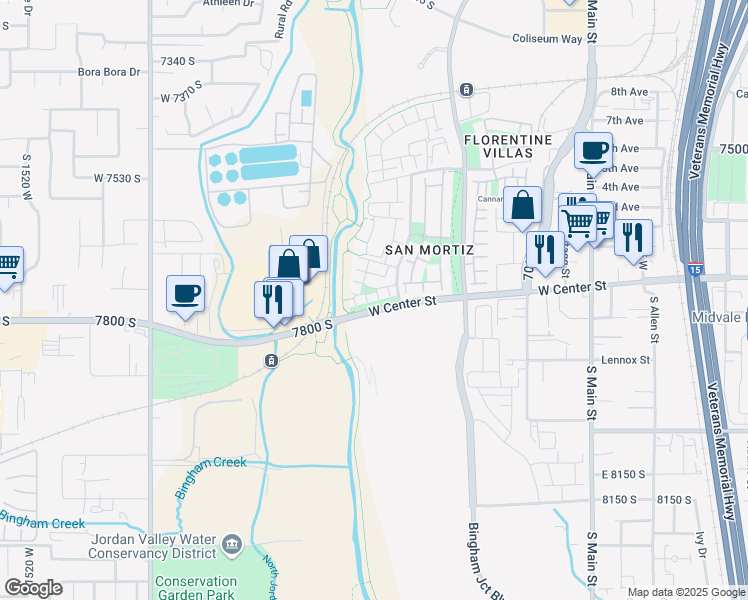 map of restaurants, bars, coffee shops, grocery stores, and more near 1030 7800 South in Midvale