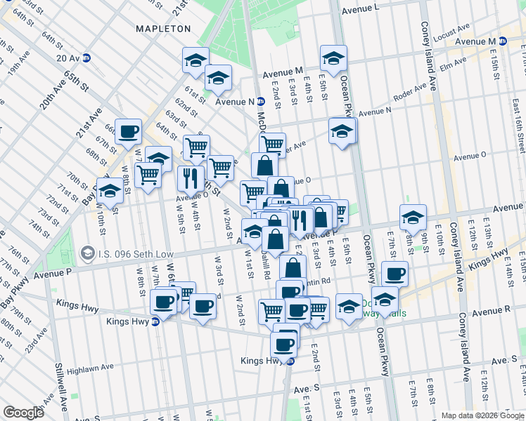 map of restaurants, bars, coffee shops, grocery stores, and more near 2505 65th Street in Brooklyn