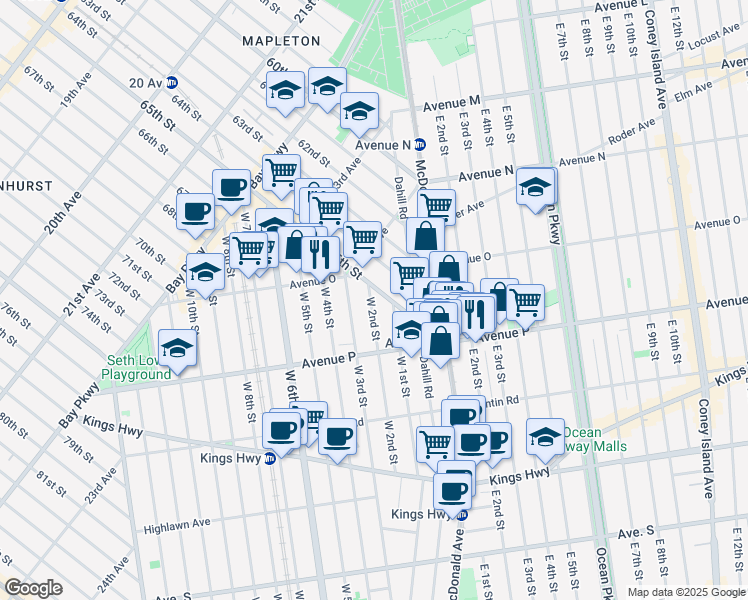 map of restaurants, bars, coffee shops, grocery stores, and more near 1522 West 1st Street in Brooklyn