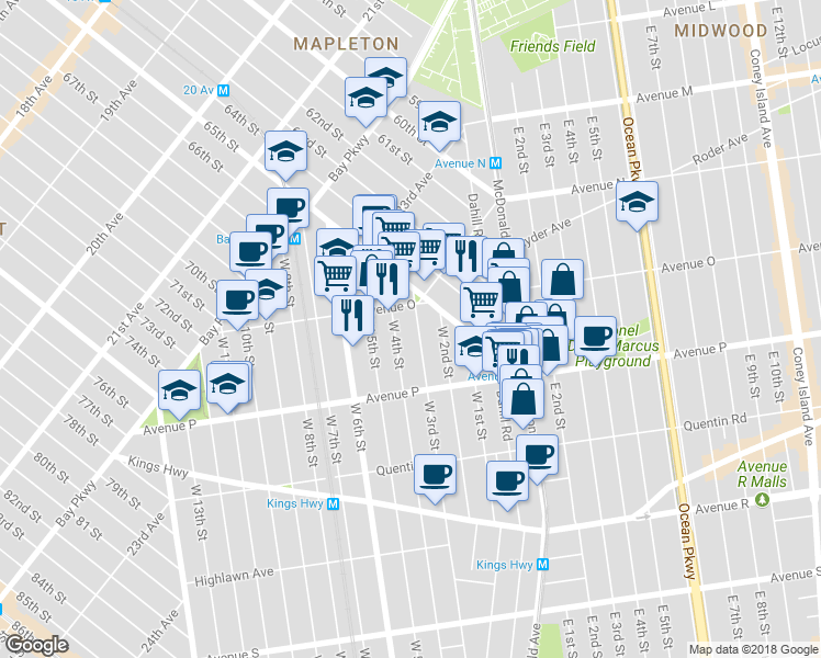 map of restaurants, bars, coffee shops, grocery stores, and more near 1555 West 3rd Street in Brooklyn