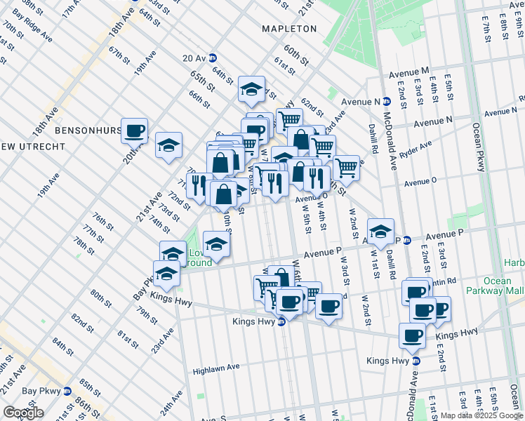 map of restaurants, bars, coffee shops, grocery stores, and more near 1535A West 8th Street in Brooklyn