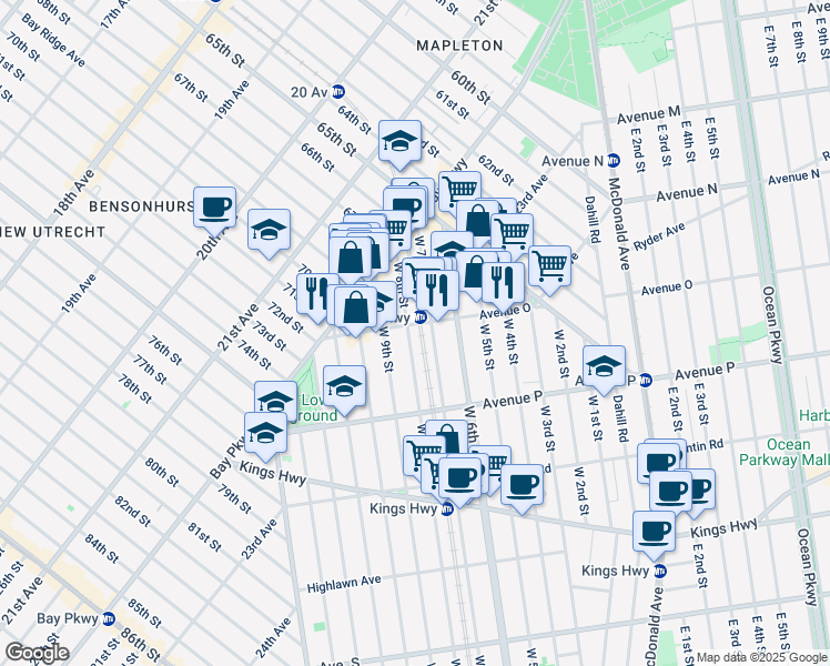 map of restaurants, bars, coffee shops, grocery stores, and more near 1535A West 8th Street in Brooklyn