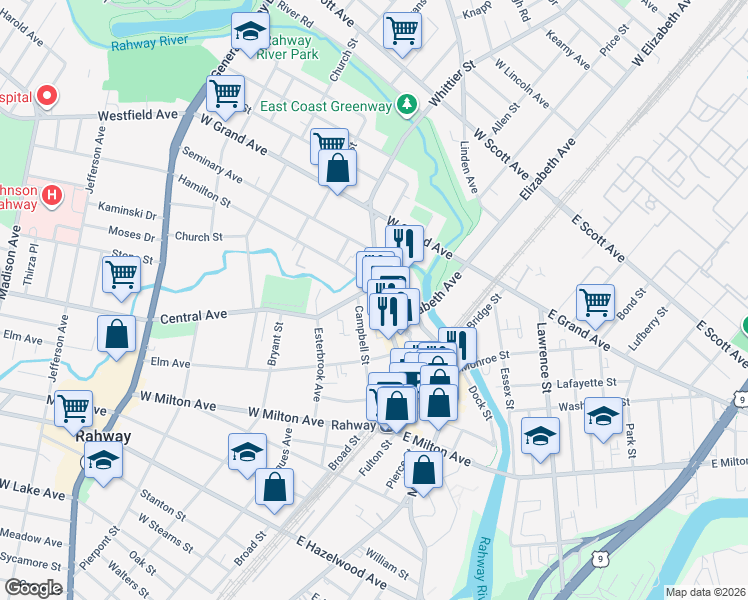 map of restaurants, bars, coffee shops, grocery stores, and more near 1552 Irving Street in Rahway