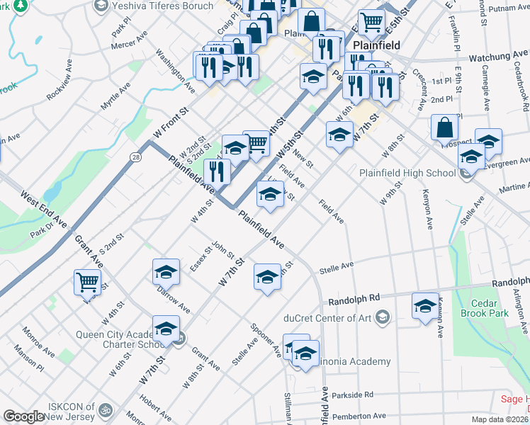 map of restaurants, bars, coffee shops, grocery stores, and more near 542 West 7th Street in Plainfield